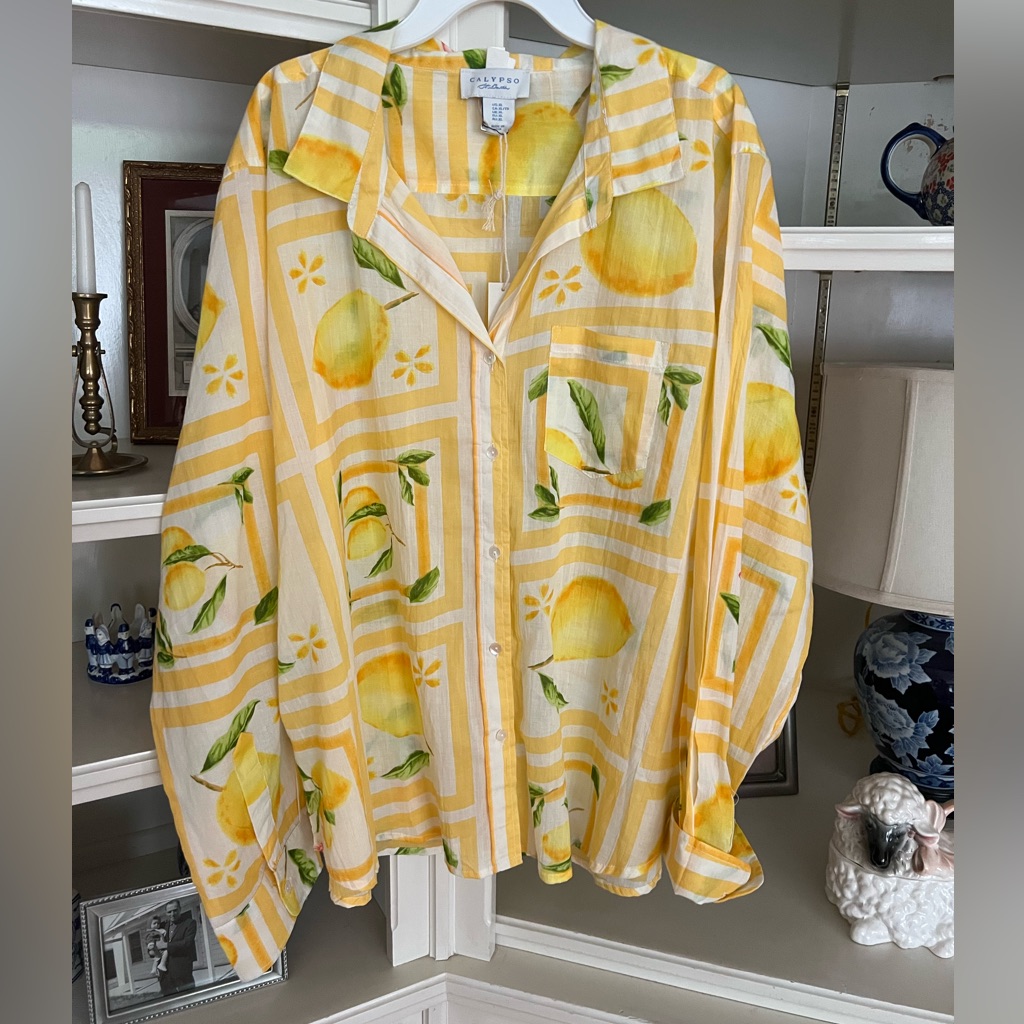 Calypso St. Barth Yellow Lemon Print Button-Up Blouse